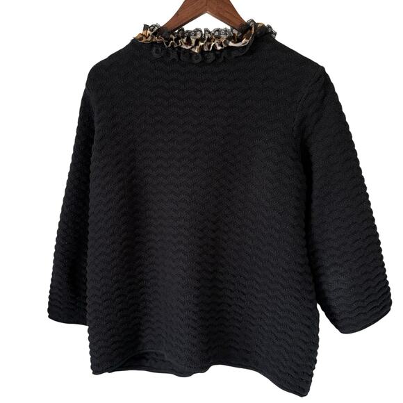 Chico's Womens Cardigan Sweater Size 3 XL 16 Black Leopard Ruffle Lace Trim Work - Picture 2 of 10